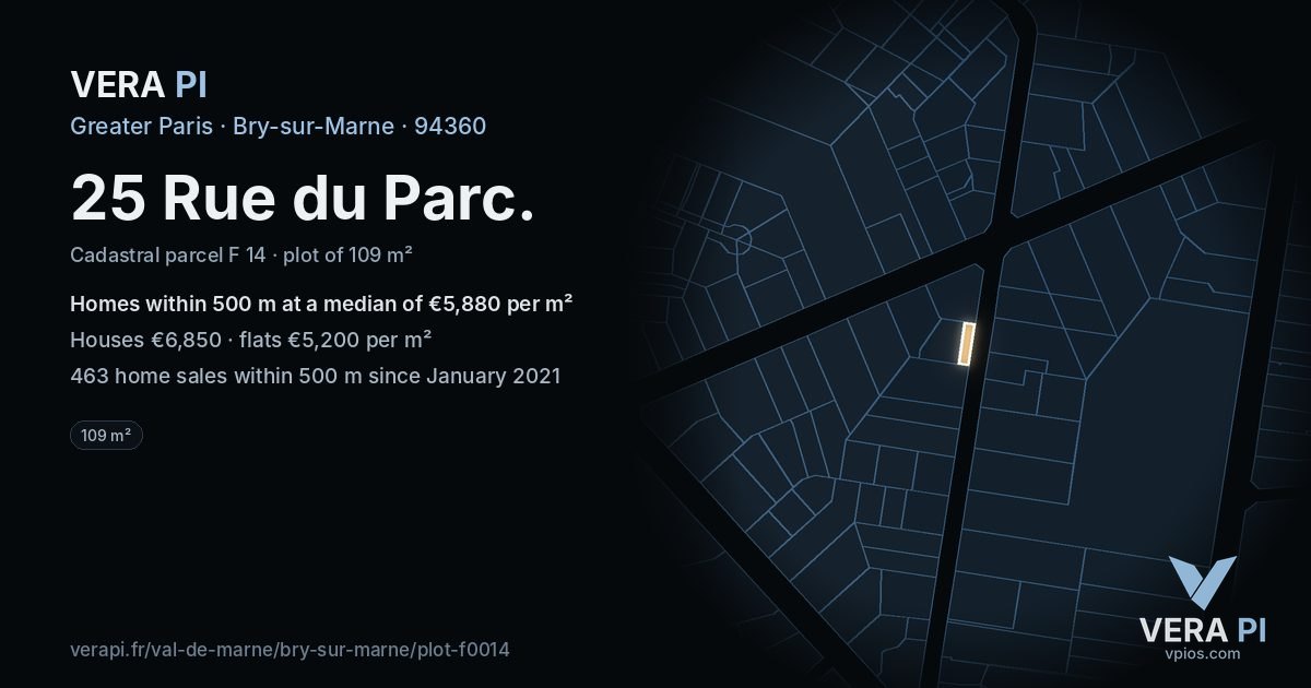 25 Rue du Parc, Bry-sur-Marne at night – the plot lit, the parcels around coloured by the prices near them