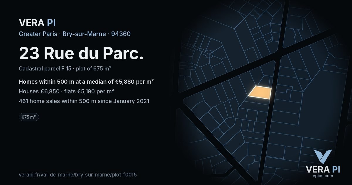 23 Rue du Parc, Bry-sur-Marne at night – the plot lit, the parcels around coloured by the prices near them