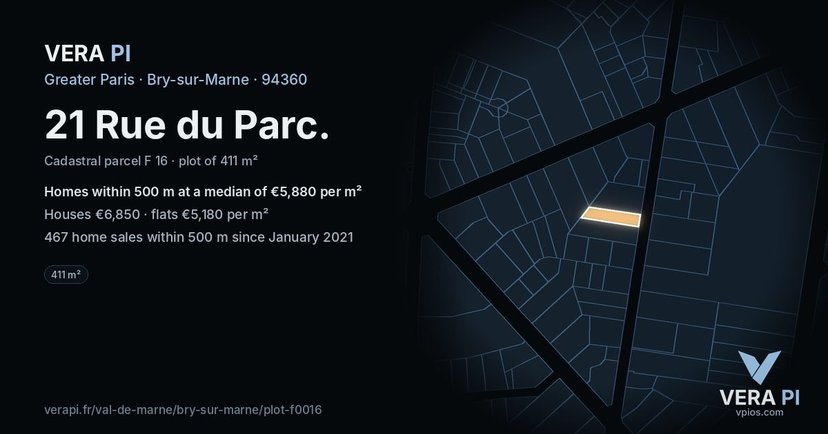 21 Rue du Parc, Bry-sur-Marne at night – the plot lit, the parcels around coloured by the prices near them