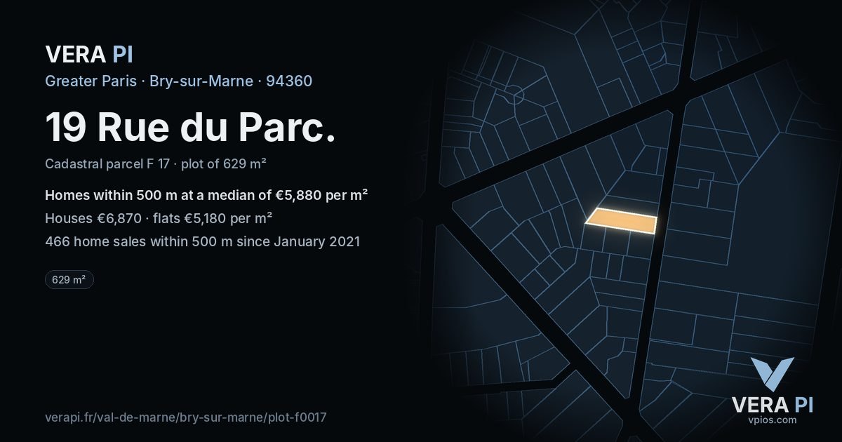 19 Rue du Parc, Bry-sur-Marne at night – the plot lit, the parcels around coloured by the prices near them