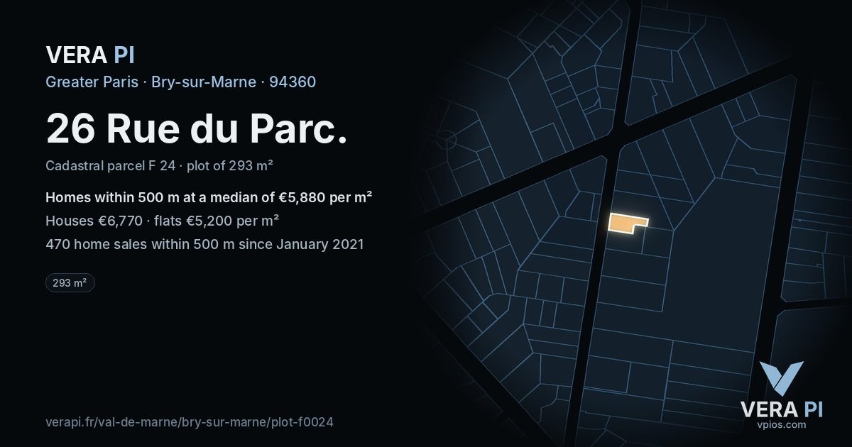 26 Rue du Parc, Bry-sur-Marne at night – the plot lit, the parcels around coloured by the prices near them