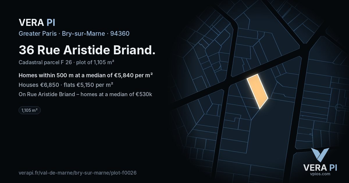 36 Rue Aristide Briand, Bry-sur-Marne at night – the plot lit, the parcels around coloured by the prices near them