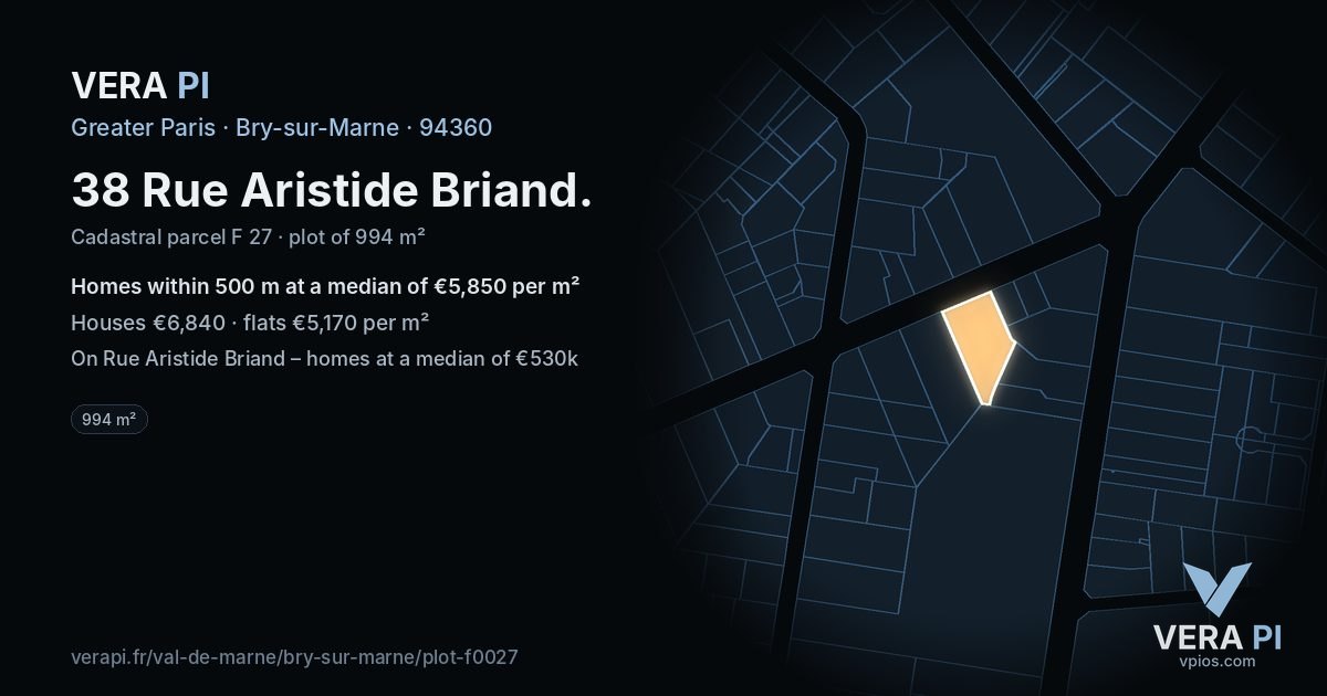38 Rue Aristide Briand, Bry-sur-Marne at night – the plot lit, the parcels around coloured by the prices near them