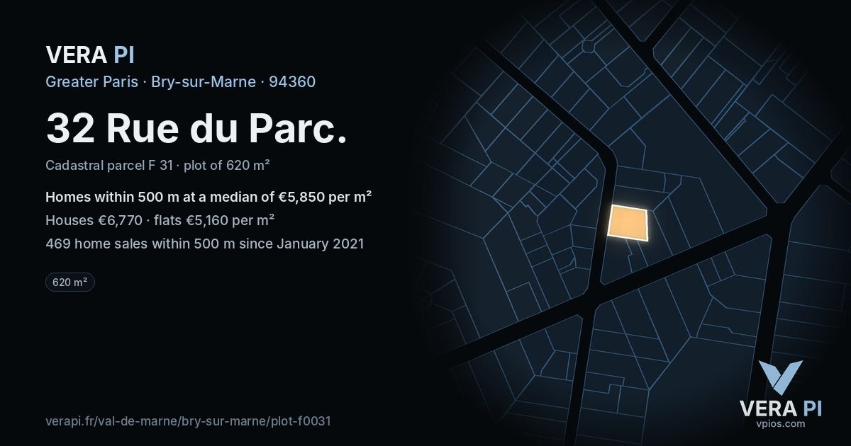 32 Rue du Parc, Bry-sur-Marne at night – the plot lit, the parcels around coloured by the prices near them