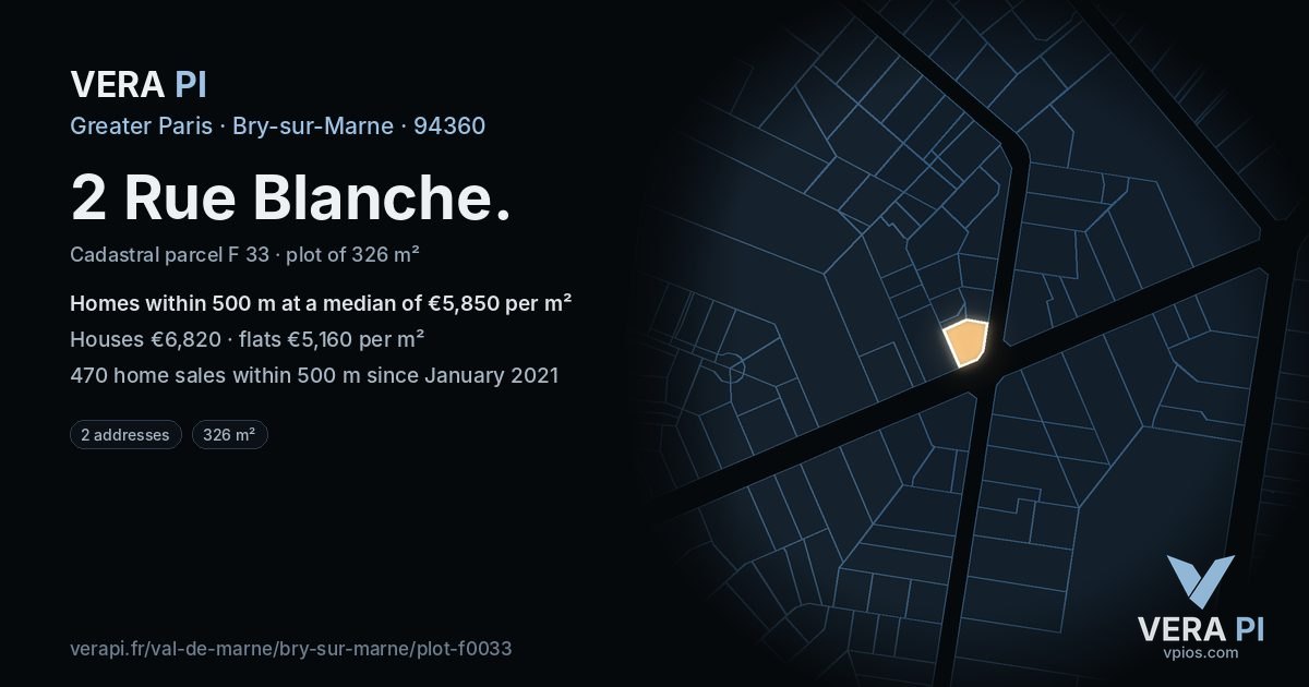2 Rue Blanche, Bry-sur-Marne at night – the plot lit, the parcels around coloured by the prices near them