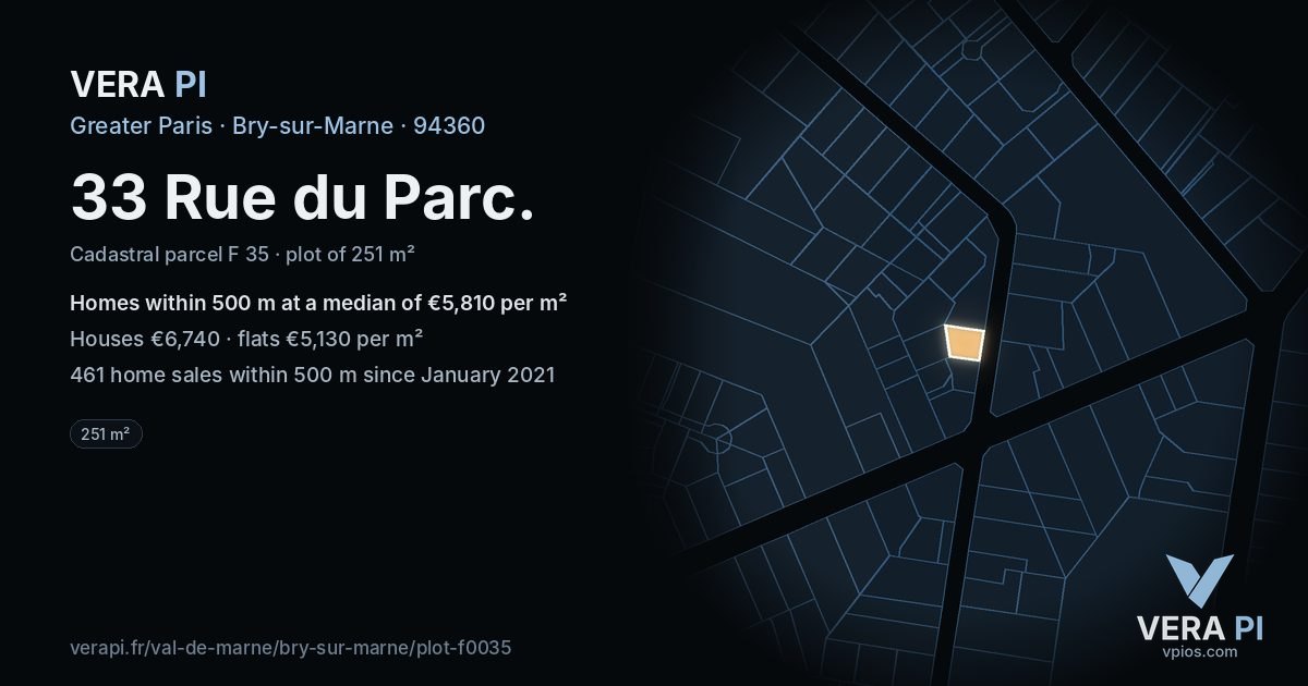 33 Rue du Parc, Bry-sur-Marne at night – the plot lit, the parcels around coloured by the prices near them