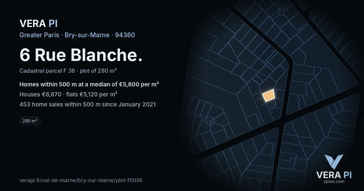 6 Rue Blanche, Bry-sur-Marne at night – the plot lit, the parcels around coloured by the prices near them