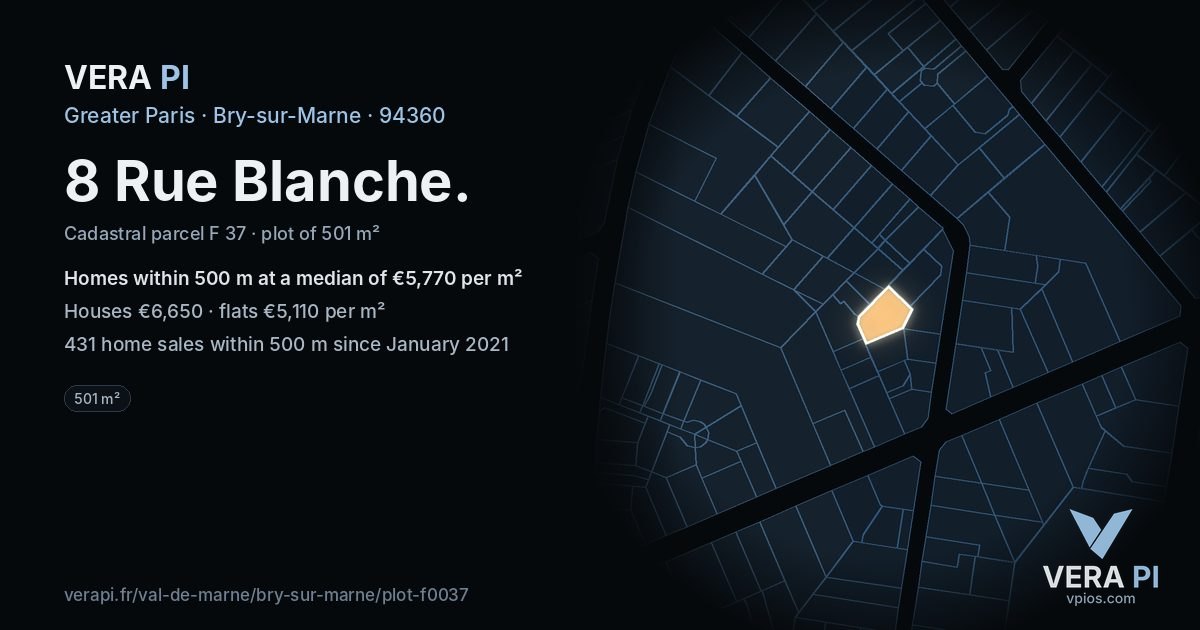 8 Rue Blanche, Bry-sur-Marne at night – the plot lit, the parcels around coloured by the prices near them
