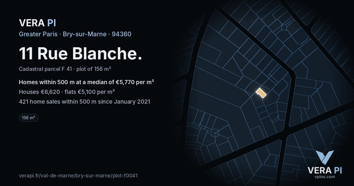11 Rue Blanche, Bry-sur-Marne at night – the plot lit, the parcels around coloured by the prices near them