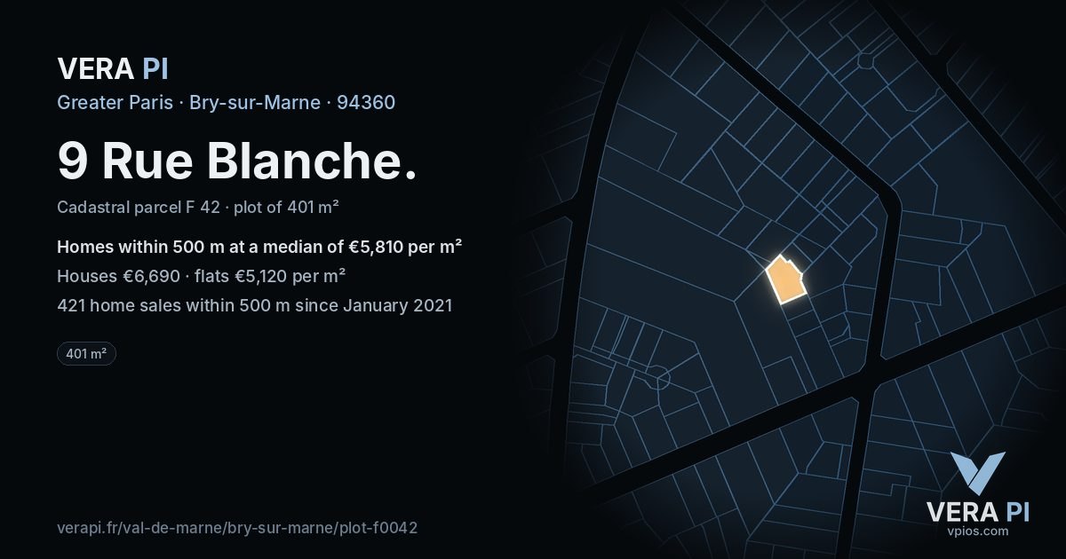 9 Rue Blanche, Bry-sur-Marne at night – the plot lit, the parcels around coloured by the prices near them