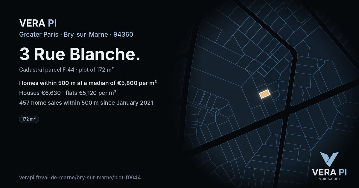 3 Rue Blanche, Bry-sur-Marne at night – the plot lit, the parcels around coloured by the prices near them
