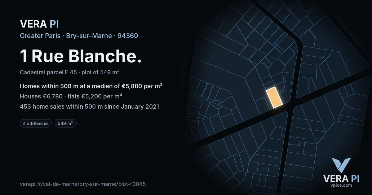 1 Rue Blanche, Bry-sur-Marne at night – the plot lit, the parcels around coloured by the prices near them