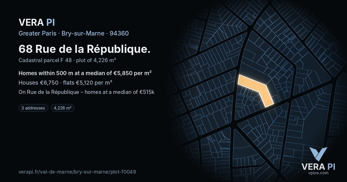 68 Rue de la République, Bry-sur-Marne at night – the plot lit, the parcels around coloured by the prices near them