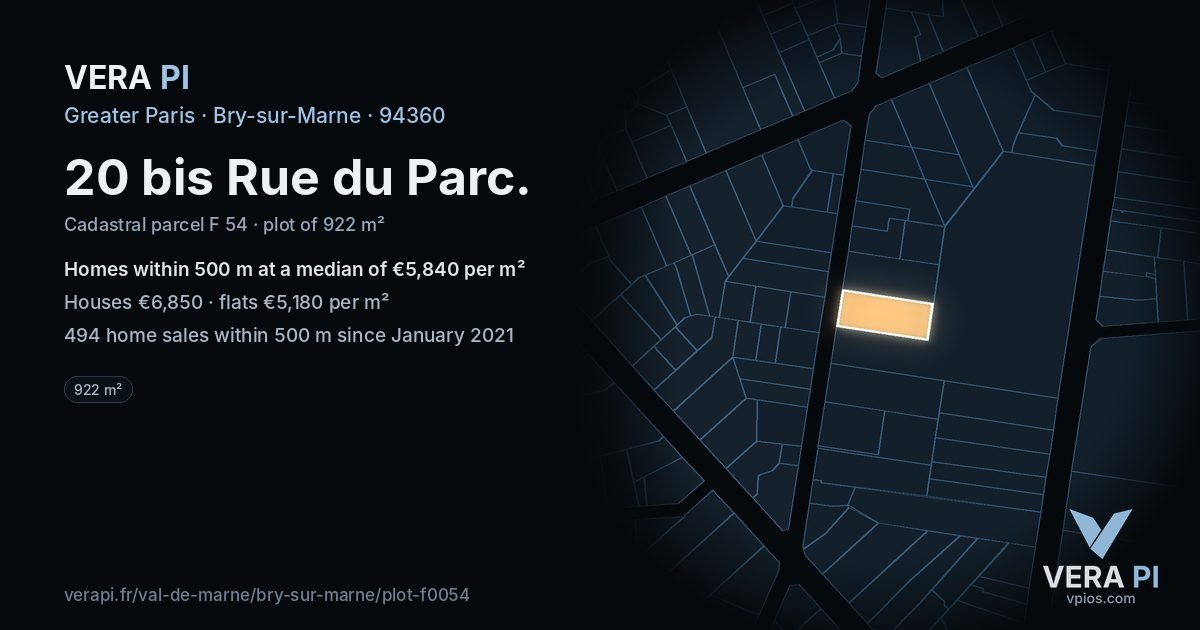 20 bis Rue du Parc, Bry-sur-Marne at night – the plot lit, the parcels around coloured by the prices near them