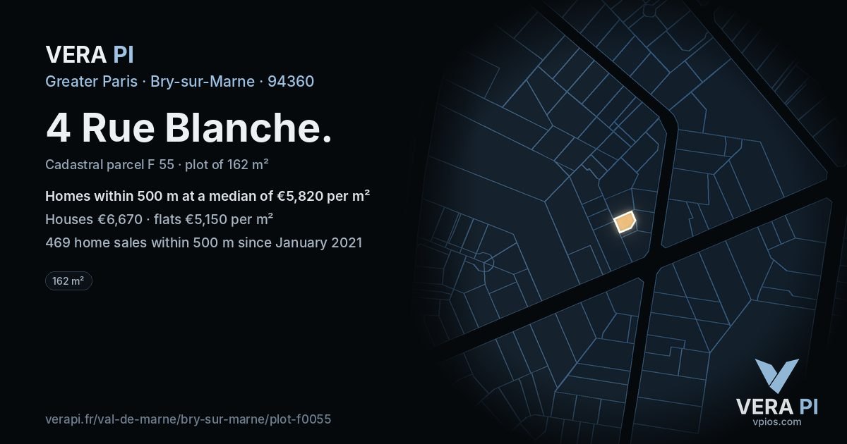 4 Rue Blanche, Bry-sur-Marne at night – the plot lit, the parcels around coloured by the prices near them