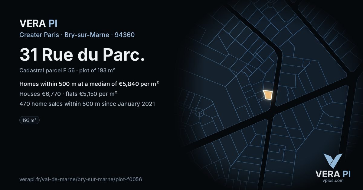 31 Rue du Parc, Bry-sur-Marne at night – the plot lit, the parcels around coloured by the prices near them