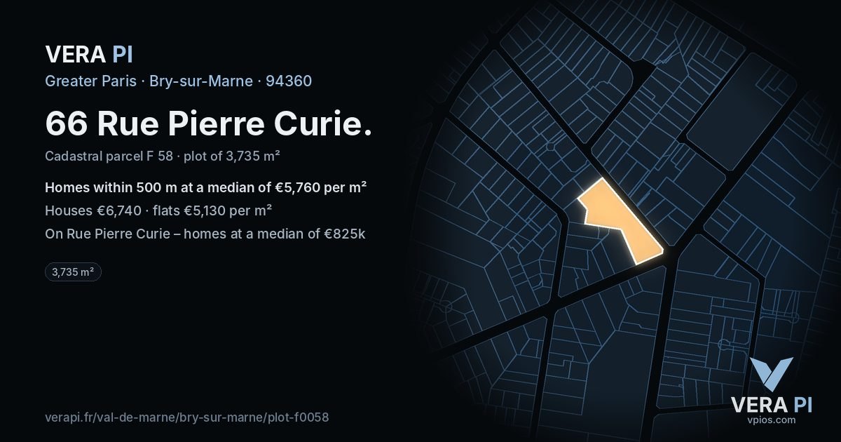 66 Rue Pierre Curie, Bry-sur-Marne at night – the plot lit, the parcels around coloured by the prices near them