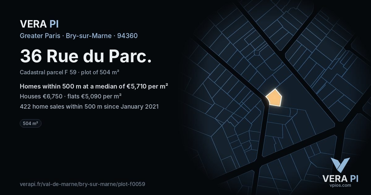 36 Rue du Parc, Bry-sur-Marne at night – the plot lit, the parcels around coloured by the prices near them