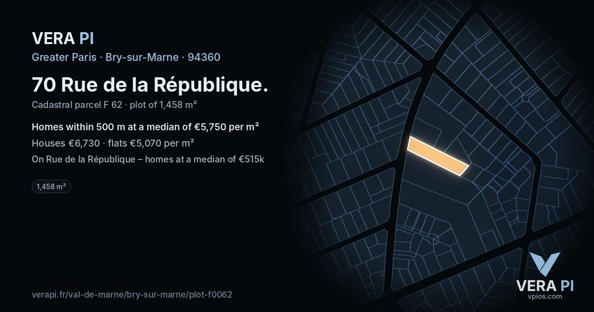 70 Rue de la République, Bry-sur-Marne at night – the plot lit, the parcels around coloured by the prices near them