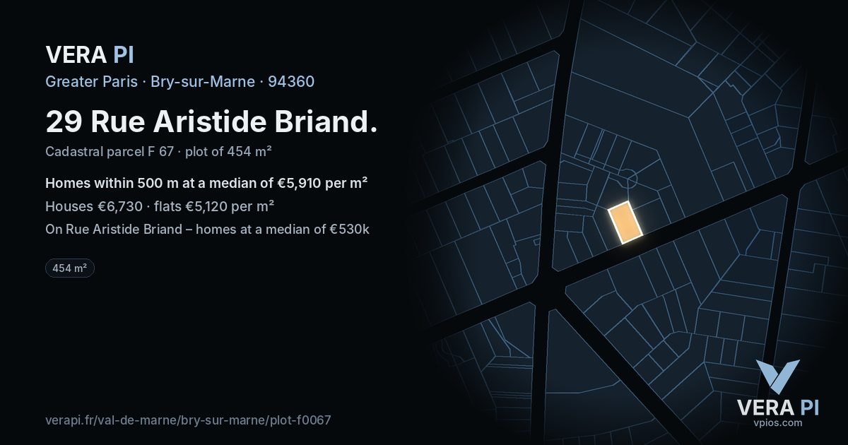 29 Rue Aristide Briand, Bry-sur-Marne at night – the plot lit, the parcels around coloured by the prices near them
