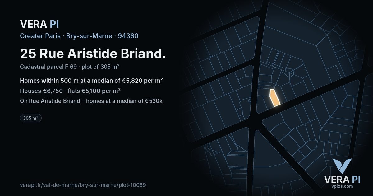 25 Rue Aristide Briand, Bry-sur-Marne at night – the plot lit, the parcels around coloured by the prices near them