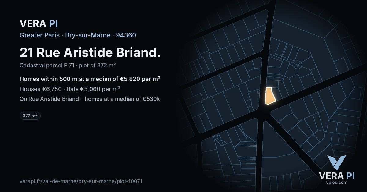 21 Rue Aristide Briand, Bry-sur-Marne at night – the plot lit, the parcels around coloured by the prices near them