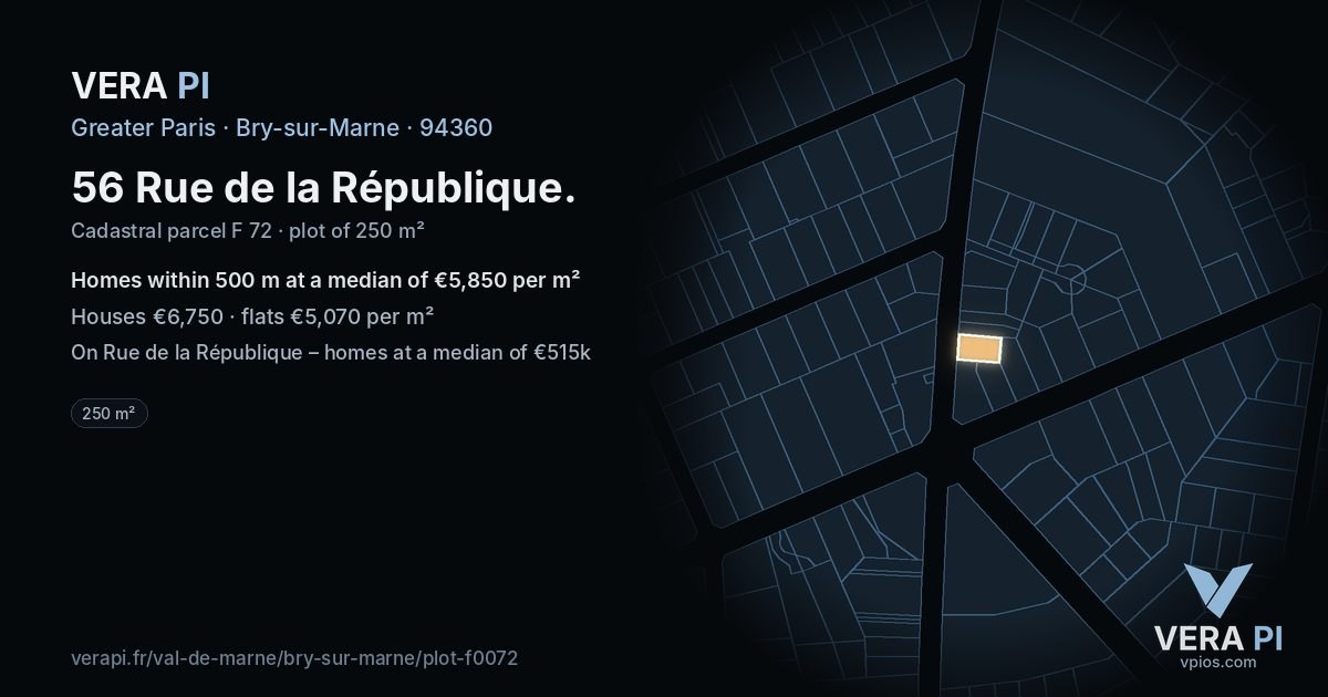 56 Rue de la République, Bry-sur-Marne at night – the plot lit, the parcels around coloured by the prices near them