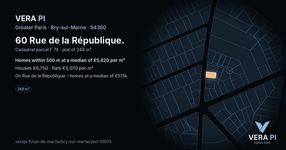 60 Rue de la République, Bry-sur-Marne at night – the plot lit, the parcels around coloured by the prices near them