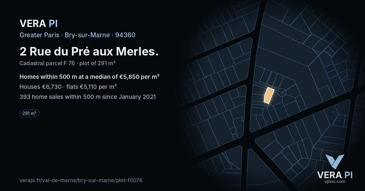2 Rue du Pré aux Merles, Bry-sur-Marne at night – the plot lit, the parcels around coloured by the prices near them