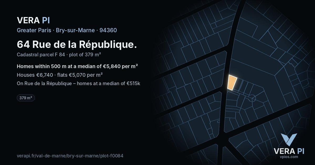 64 Rue de la République, Bry-sur-Marne at night – the plot lit, the parcels around coloured by the prices near them
