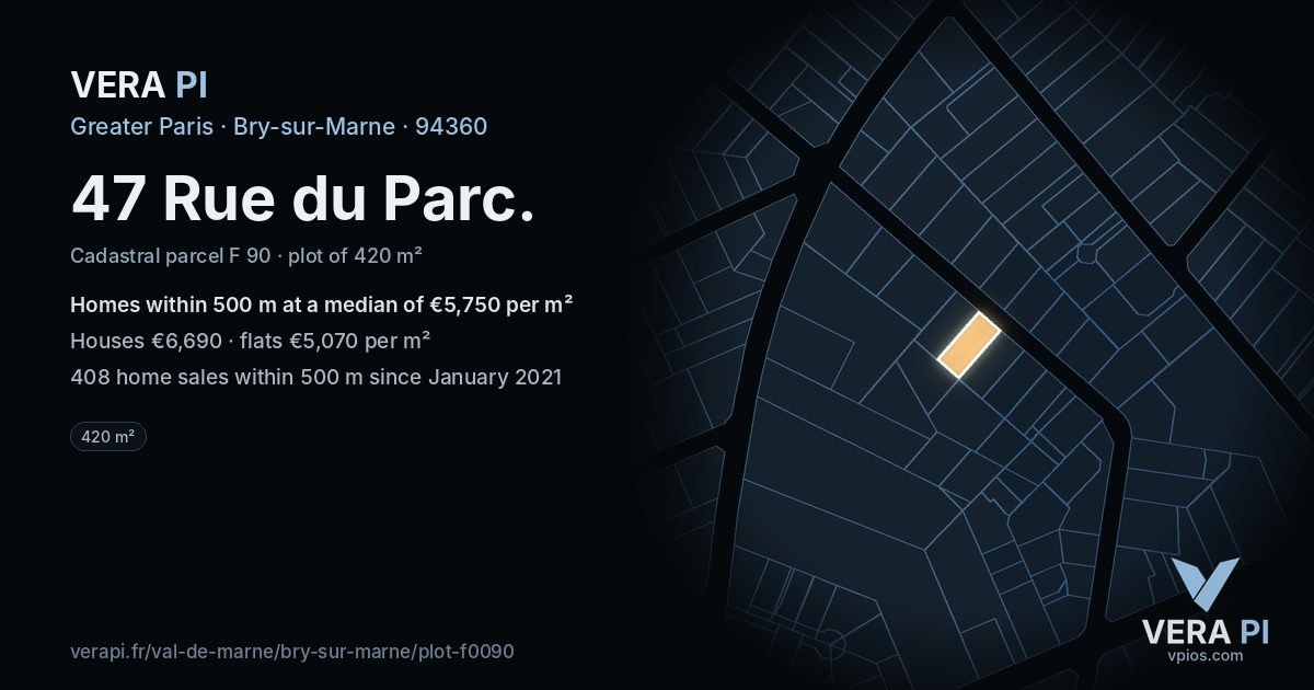47 Rue du Parc, Bry-sur-Marne at night – the plot lit, the parcels around coloured by the prices near them