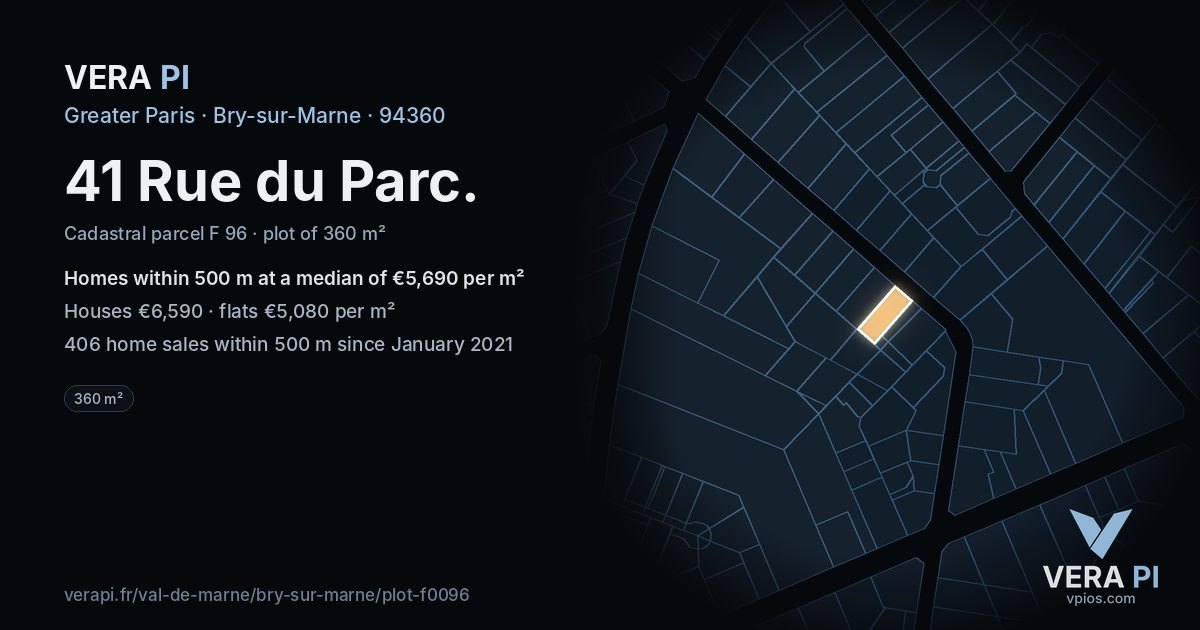 41 Rue du Parc, Bry-sur-Marne at night – the plot lit, the parcels around coloured by the prices near them