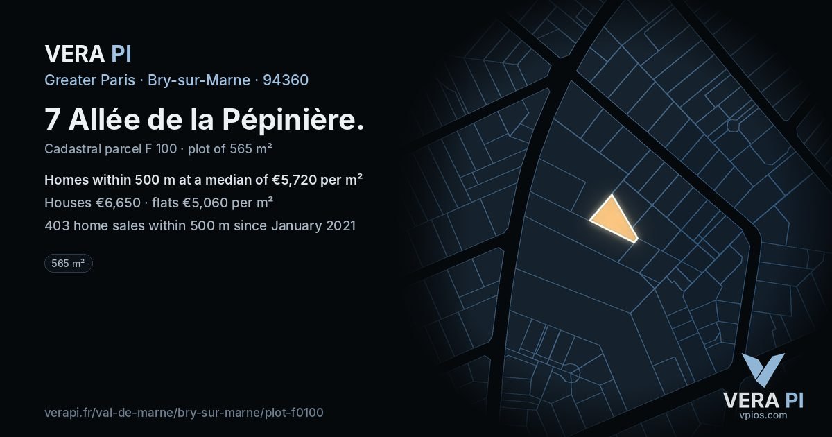 7 Allée de la Pépinière, Bry-sur-Marne at night – the plot lit, the parcels around coloured by the prices near them