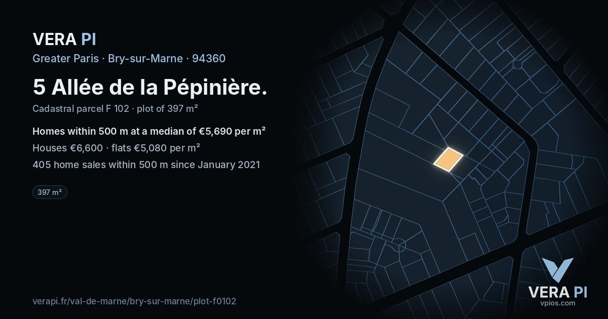 5 Allée de la Pépinière, Bry-sur-Marne at night – the plot lit, the parcels around coloured by the prices near them