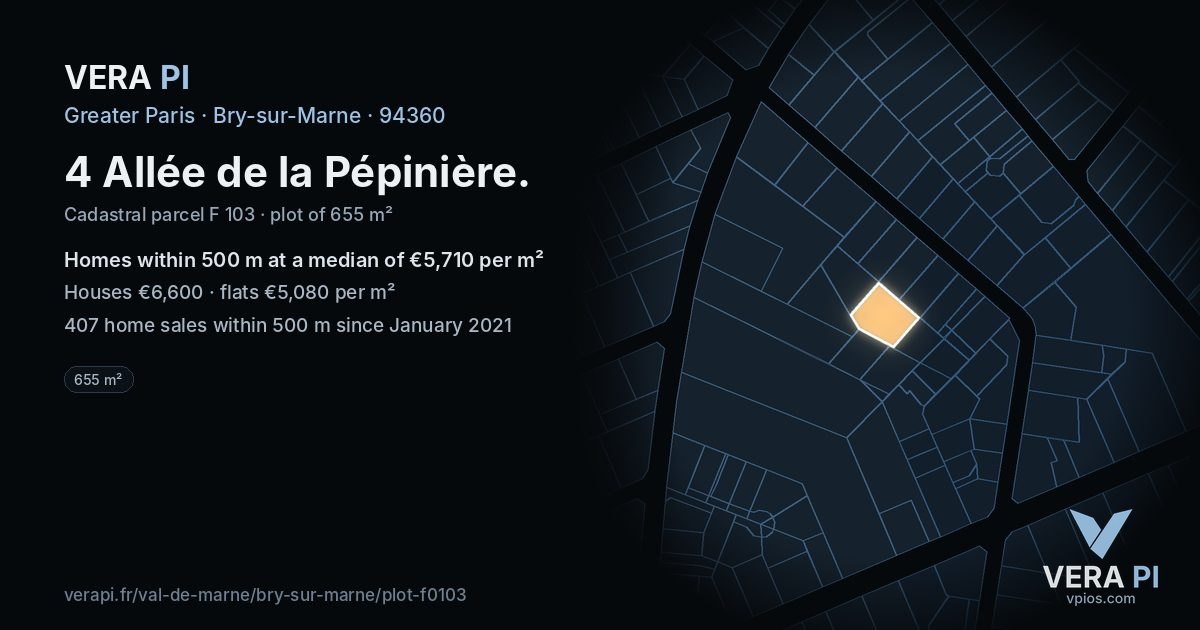 4 Allée de la Pépinière, Bry-sur-Marne at night – the plot lit, the parcels around coloured by the prices near them