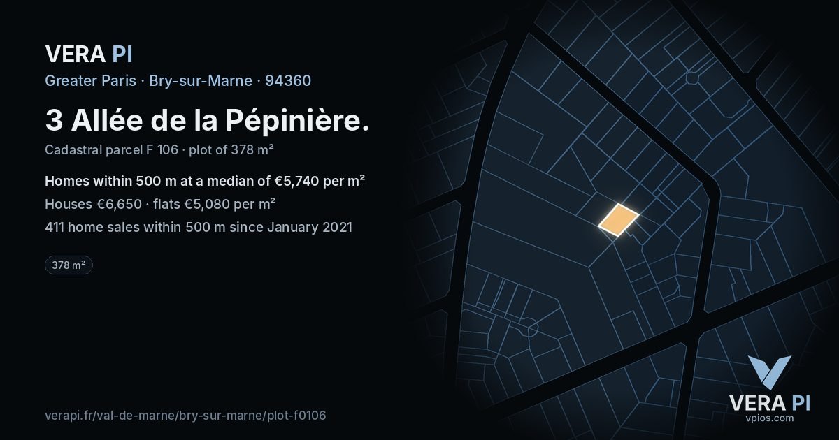 3 Allée de la Pépinière, Bry-sur-Marne at night – the plot lit, the parcels around coloured by the prices near them