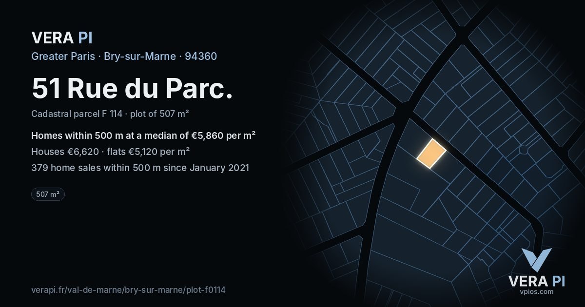51 Rue du Parc, Bry-sur-Marne at night – the plot lit, the parcels around coloured by the prices near them
