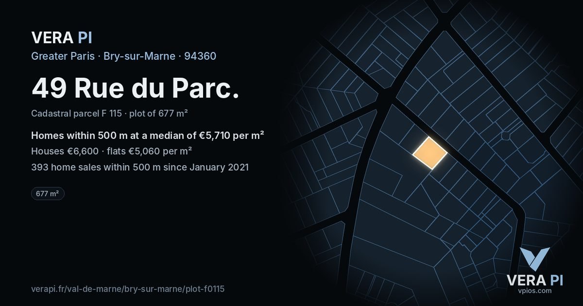 49 Rue du Parc, Bry-sur-Marne at night – the plot lit, the parcels around coloured by the prices near them