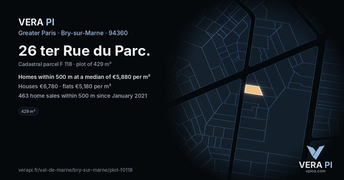 26 ter Rue du Parc, Bry-sur-Marne at night – the plot lit, the parcels around coloured by the prices near them