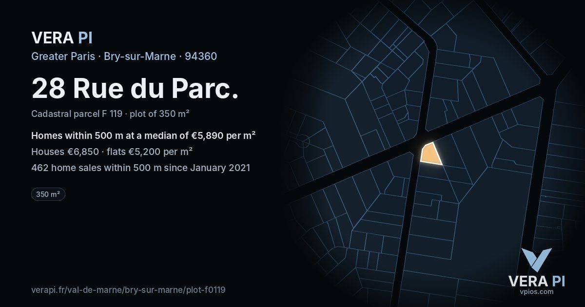 28 Rue du Parc, Bry-sur-Marne at night – the plot lit, the parcels around coloured by the prices near them