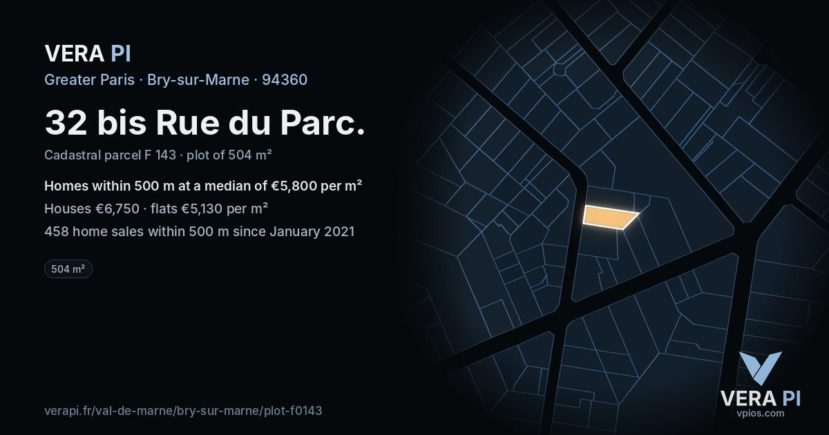 32 bis Rue du Parc, Bry-sur-Marne at night – the plot lit, the parcels around coloured by the prices near them