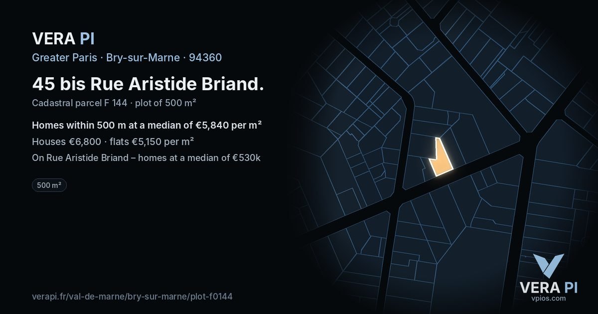45 bis Rue Aristide Briand, Bry-sur-Marne at night – the plot lit, the parcels around coloured by the prices near them