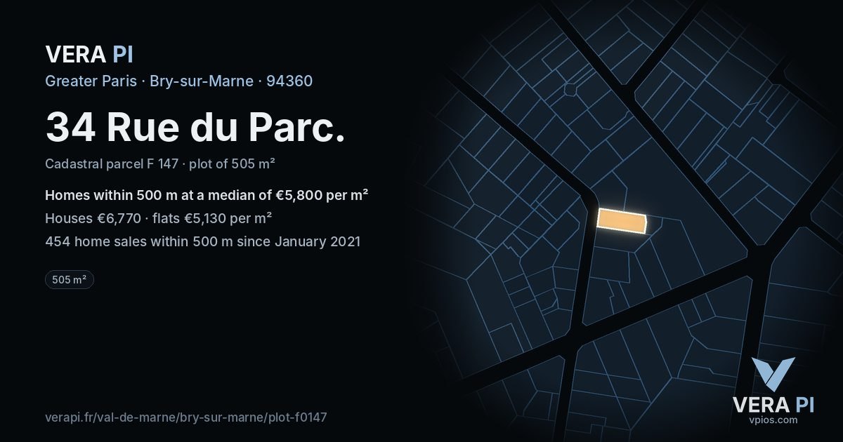 34 Rue du Parc, Bry-sur-Marne at night – the plot lit, the parcels around coloured by the prices near them
