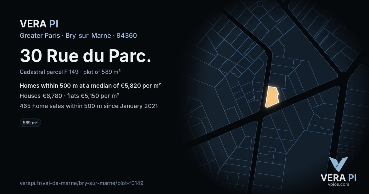 30 Rue du Parc, Bry-sur-Marne at night – the plot lit, the parcels around coloured by the prices near them