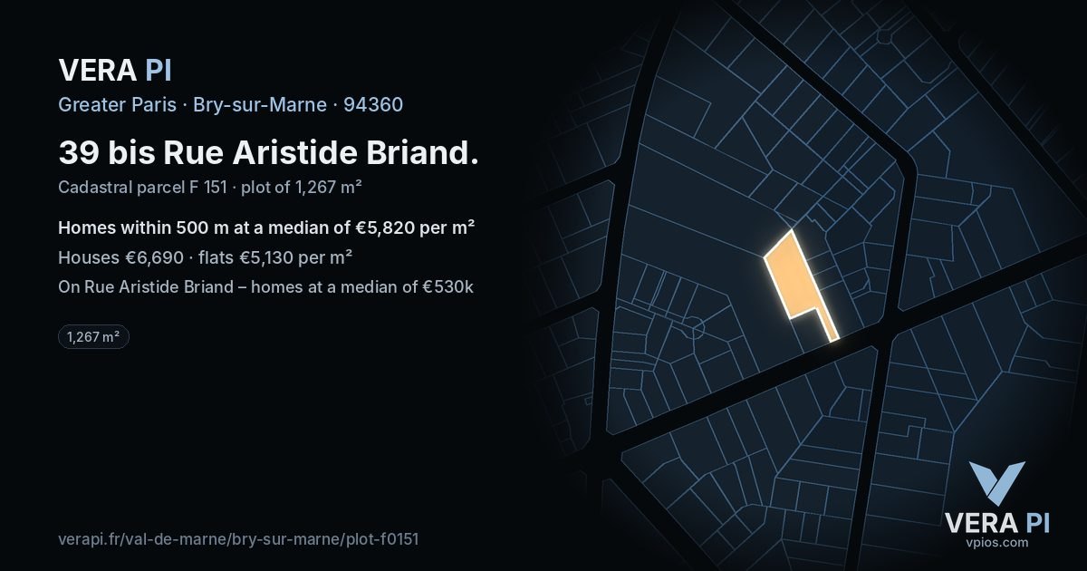 39 bis Rue Aristide Briand, Bry-sur-Marne at night – the plot lit, the parcels around coloured by the prices near them