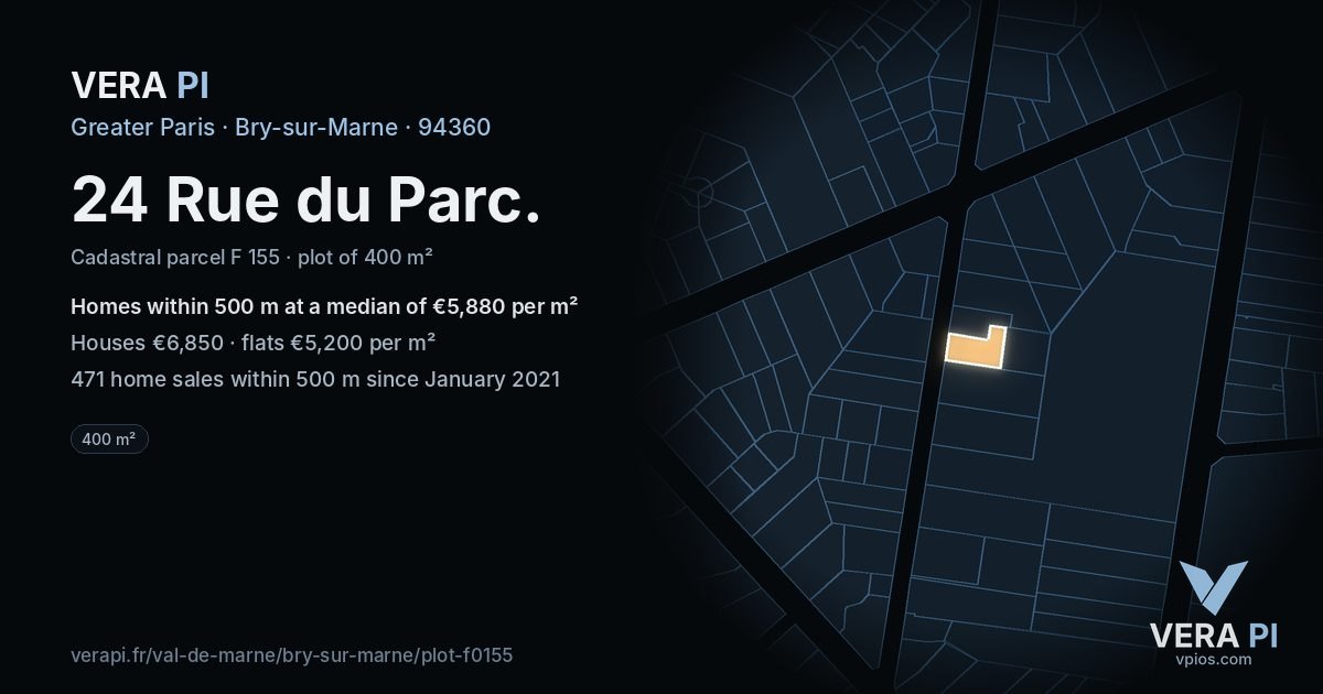24 Rue du Parc, Bry-sur-Marne at night – the plot lit, the parcels around coloured by the prices near them