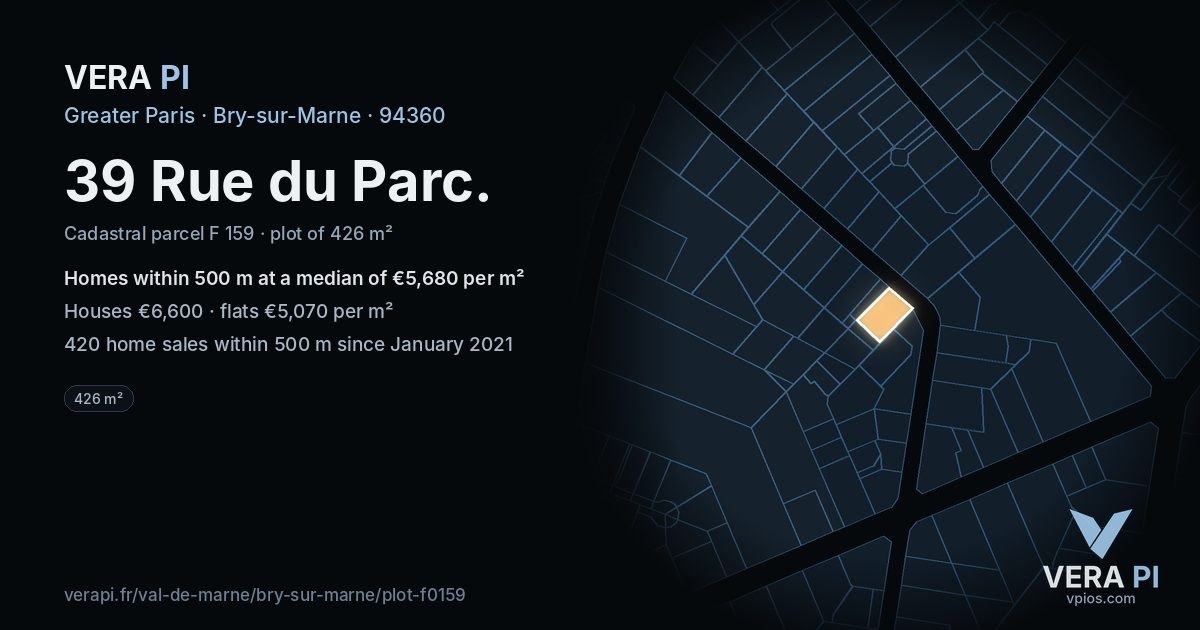 39 Rue du Parc, Bry-sur-Marne at night – the plot lit, the parcels around coloured by the prices near them