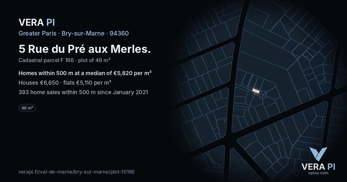 5 Rue du Pré aux Merles, Bry-sur-Marne at night – the plot lit, the parcels around coloured by the prices near them