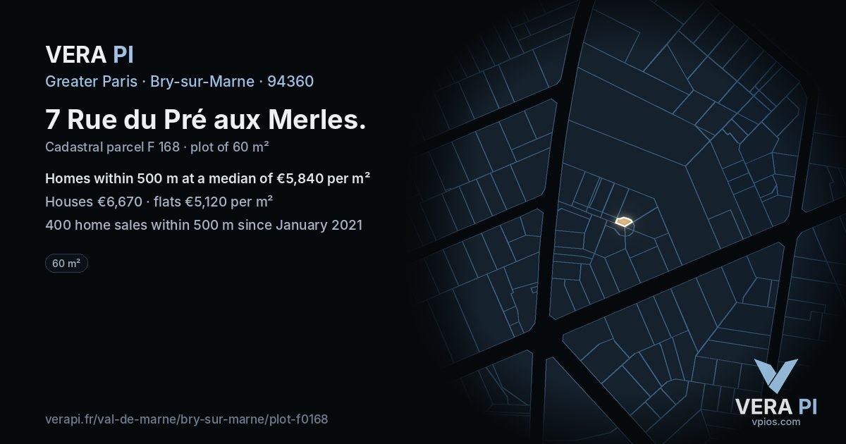 7 Rue du Pré aux Merles, Bry-sur-Marne at night – the plot lit, the parcels around coloured by the prices near them