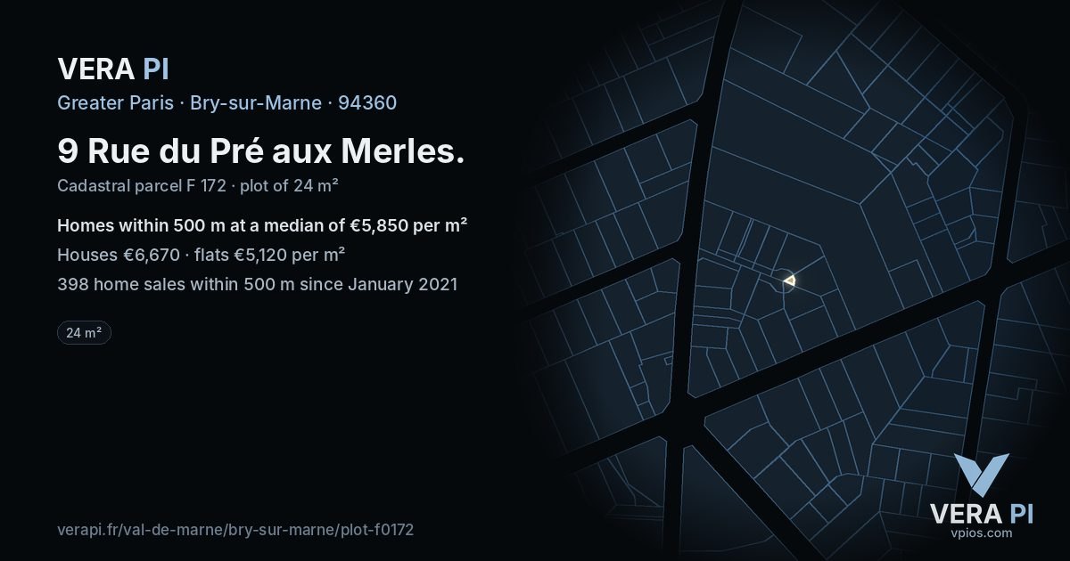 9 Rue du Pré aux Merles, Bry-sur-Marne at night – the plot lit, the parcels around coloured by the prices near them